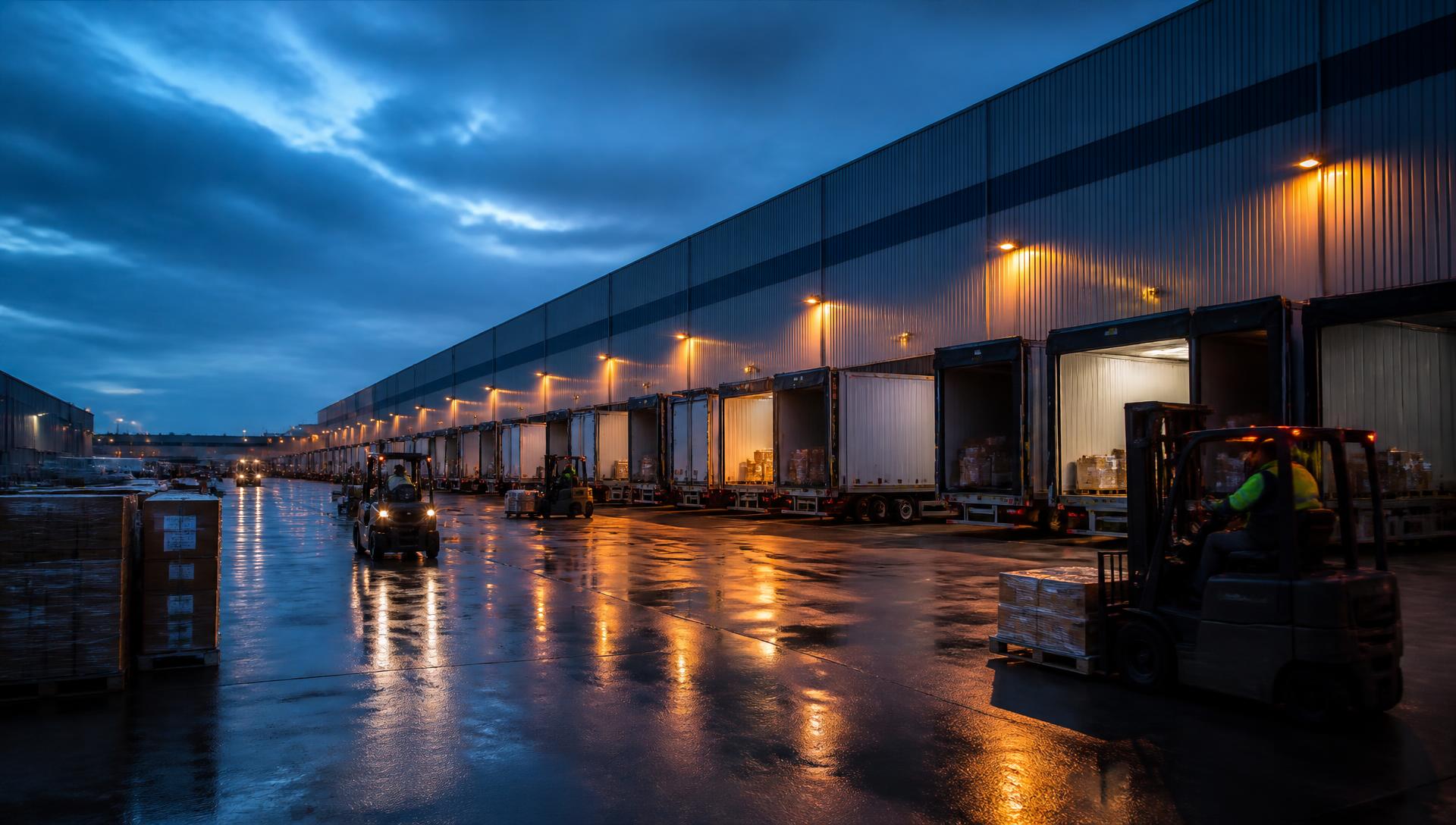 Trailers backed into a row of lit dock doors at dusk